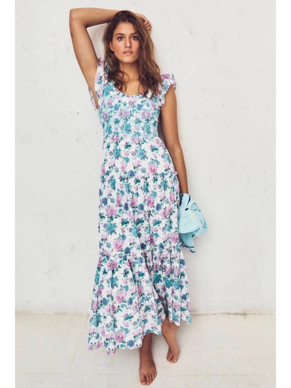 LoveShackFancy Chessie Sea Orchid Floral‎ Cotton Voile Smocked Ruffle Maxi Dress